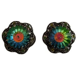 Vintage Clip On Earrings Vitrail Margarita Flower Olivine Chunky 1950s 1”